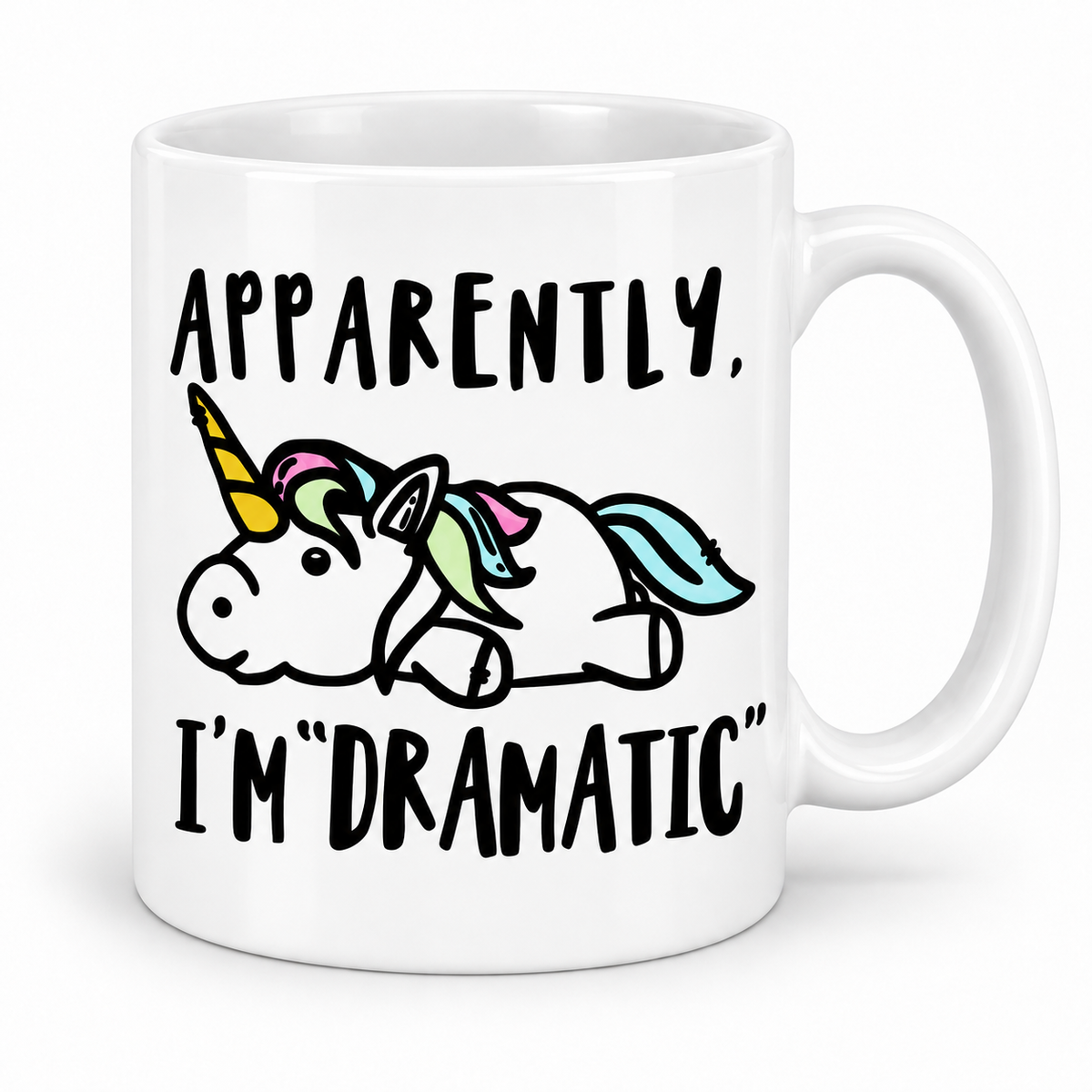 Apparently Dramatic Unicorn — 11oz mug with white top and bottom borders