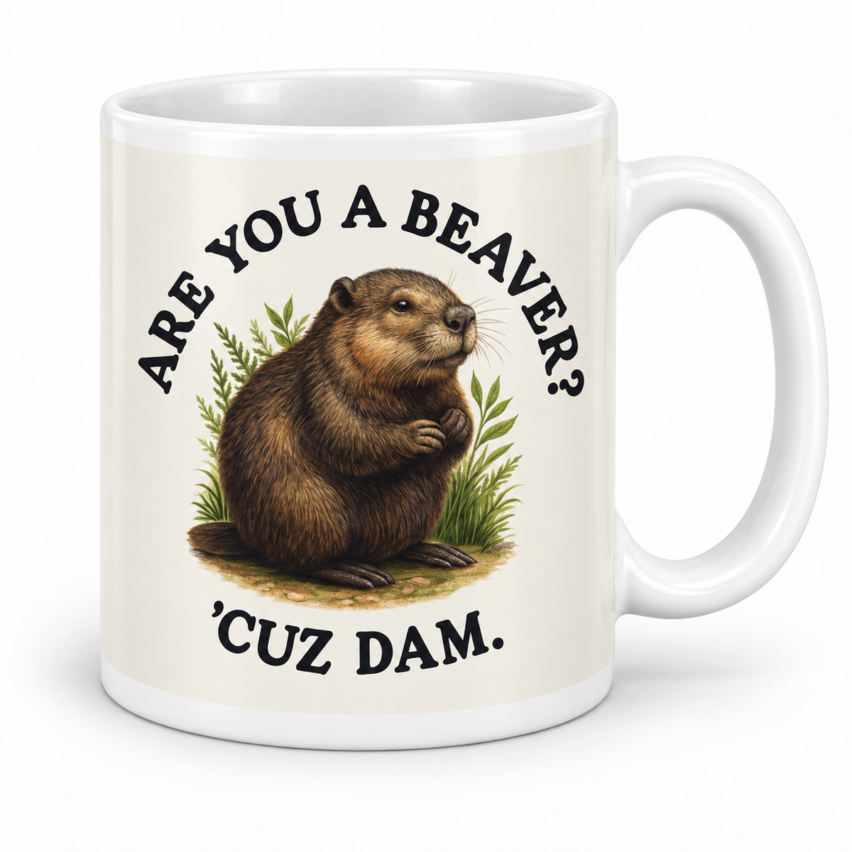 Are You A Beaver? 'Cuz Dam — 11oz mug with white top and bottom borders