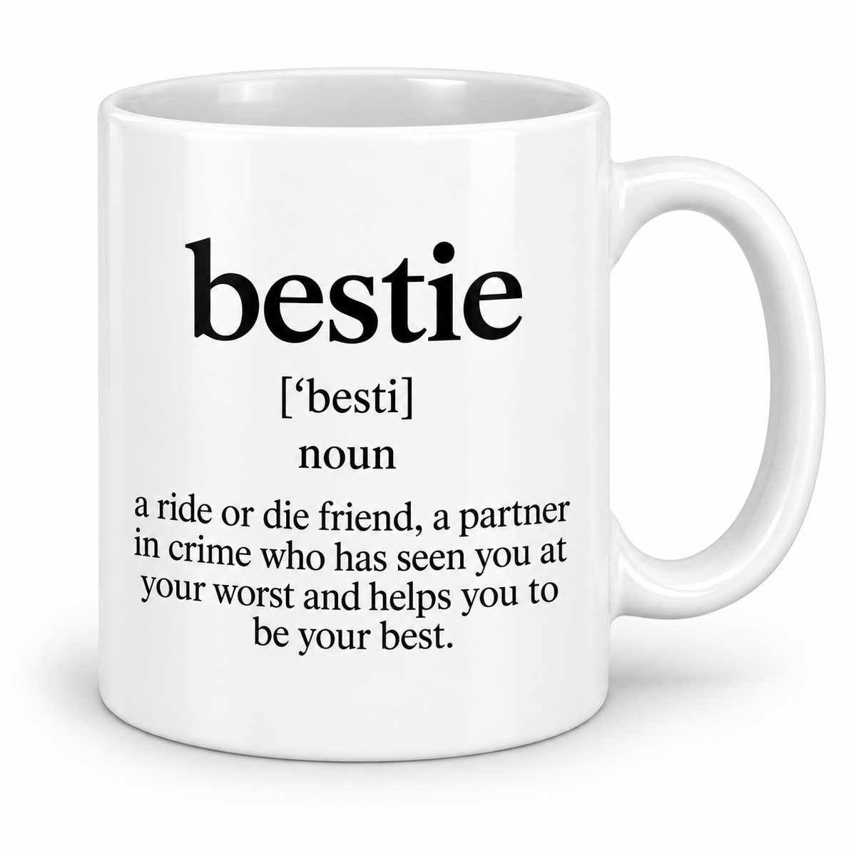 Bestie — 11oz mug with white top and bottom borders