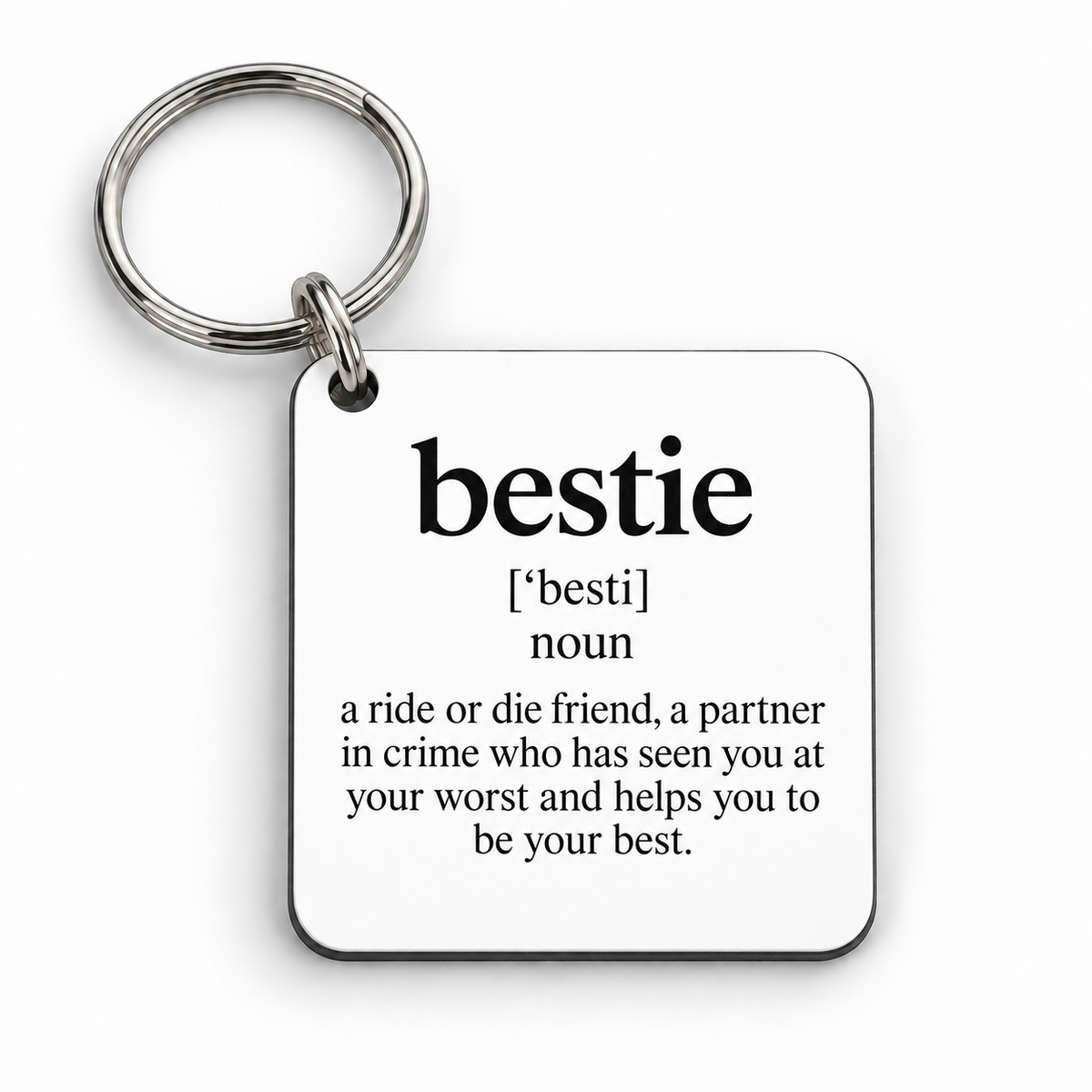 Bestie — 5 cm × 5 cm keyring mock-up