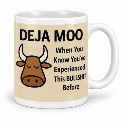 Deja Moo — 11oz mug with white borders