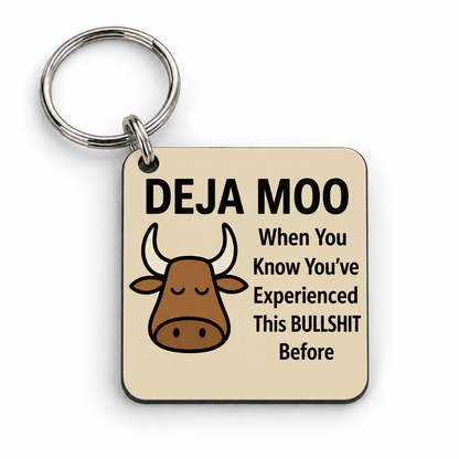Deja Moo — 5 cm × 5 cm keyring mock-up