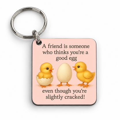 Good Egg, Slightly Cracked — 5 cm × 5 cm keyring mock-up