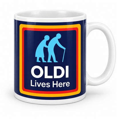 Oldi Lives Here 11oz mug with white top and bottom borders