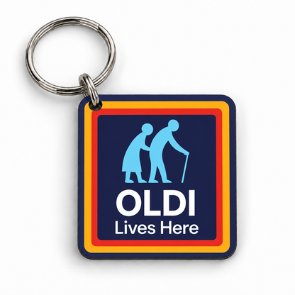 Oldi Lives Here keyring on white background