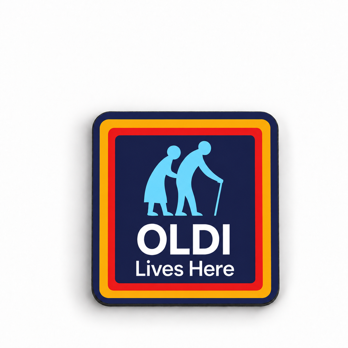 Oldi Lives Here fridge magnet, aligned with matching keyring