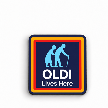 Oldi Lives Here fridge magnet, aligned with matching keyring