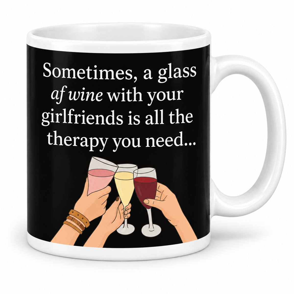 Wine, Friends and Therapy — 11oz white ceramic mug