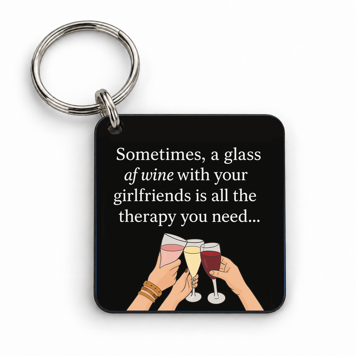 Wine, Friends and Therapy — 5cm square keyring